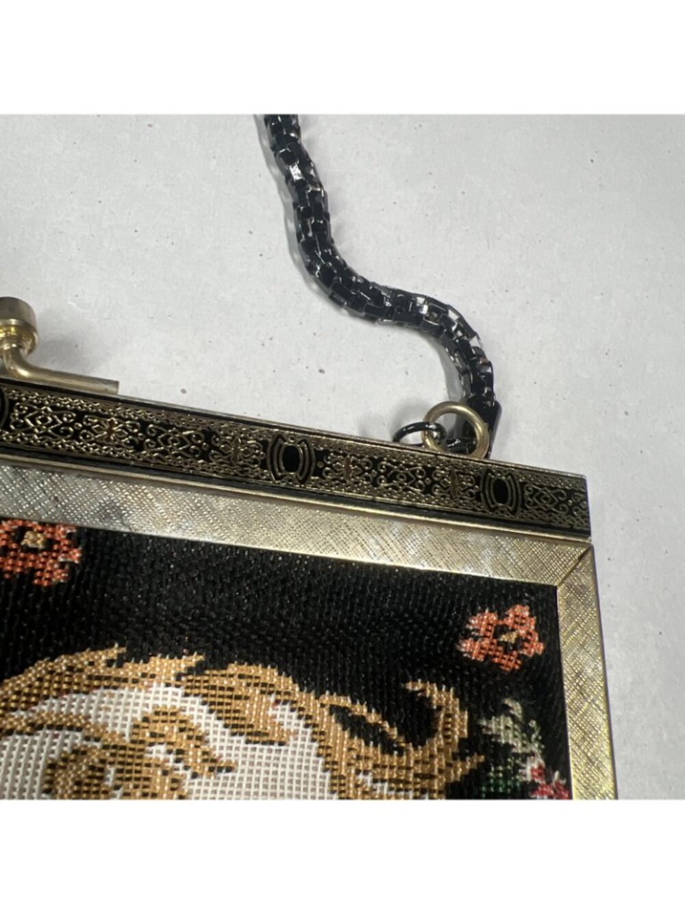 Vintage Floral Needlepoint Tapestry Evening Bag Black Chain Purse AS IS - Picture 8 of 13